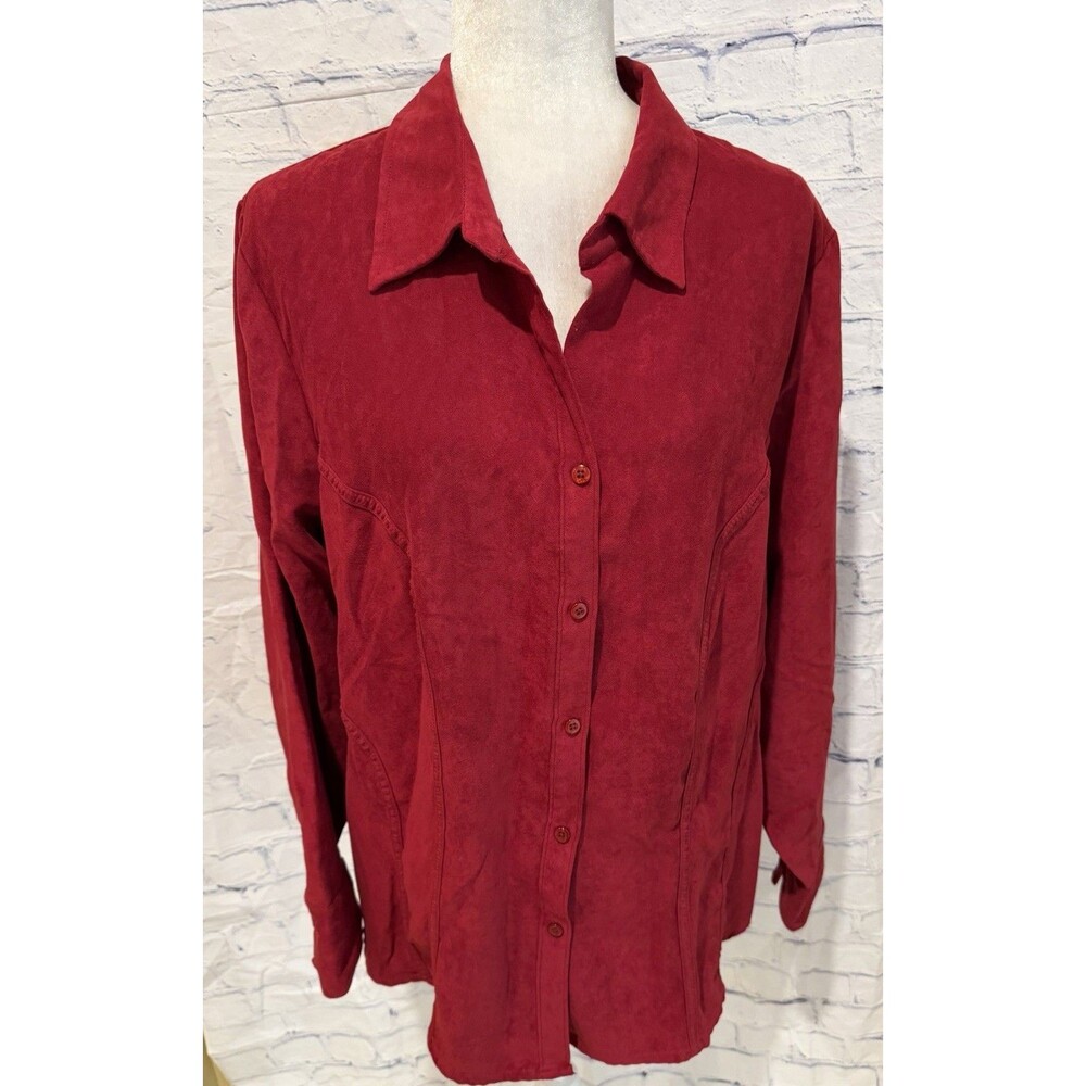 AVENUE Burgundy Faux Suede Blouse Plus Size 22/24 Button Down Long Sleeve